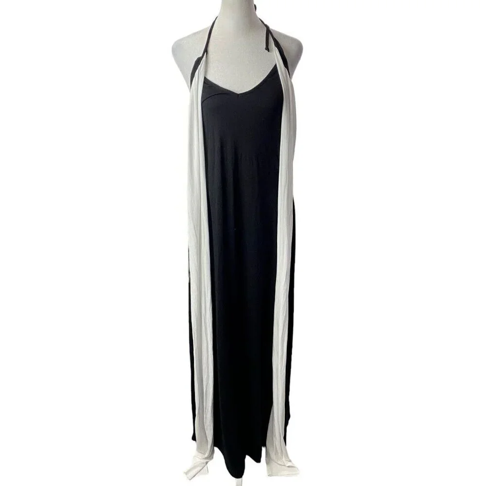 VENUS Women Maxi Dress Size L Black‎ White Halter Wrap Detail Unique 4-8